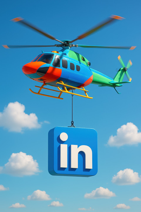 Blue LinkedIn-inspired CGI helicopter soars with bold logo below on cable in open sky
