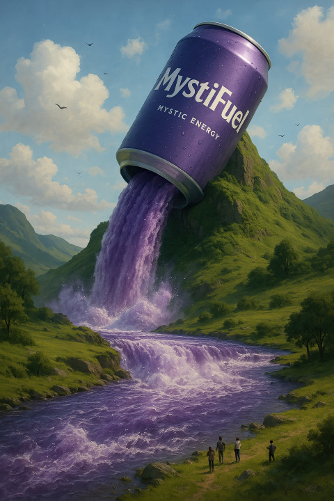 Surreal landscape with a giant "MystiFuel" can pouring a vibrant purple waterfall. Ideal for can design Surreal landscape with a giant "MystiFuel" can pouring a vibrant purple waterfall. Ideal for can design