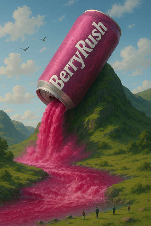 Surreal landscape featuring a giant "BerryRush" can spilling vibrant magenta liquid. Perfect for marketing Surreal landscape featuring a giant "BerryRush" can spilling vibrant magenta liquid. Perfect for marketing