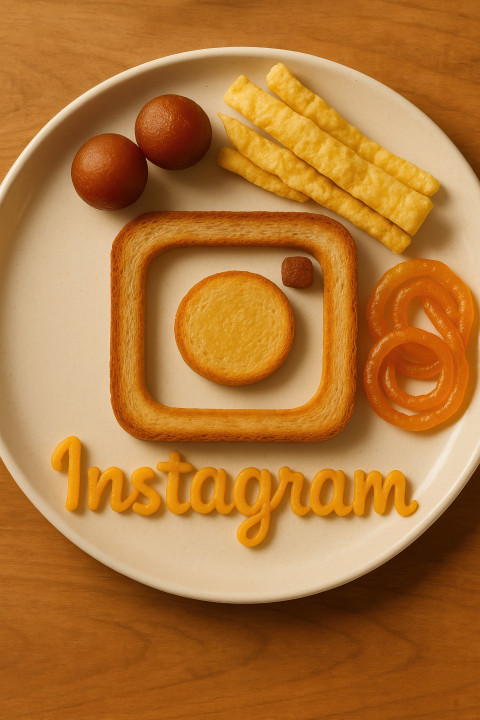 Instagram logo made from toast and cheese on plate with gulab jamun Instagram logo made from toast and cheese on plate with gulab jamun