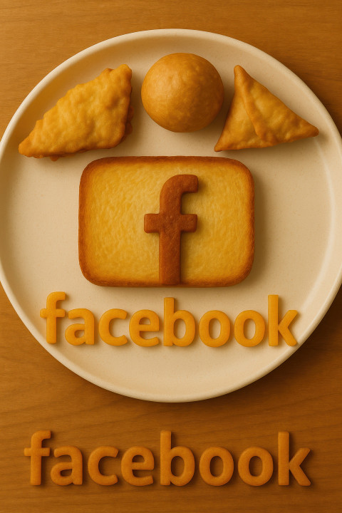 Facebook logo built with toast on breakfast plate with samosa Facebook logo built with toast on breakfast plate with samosa