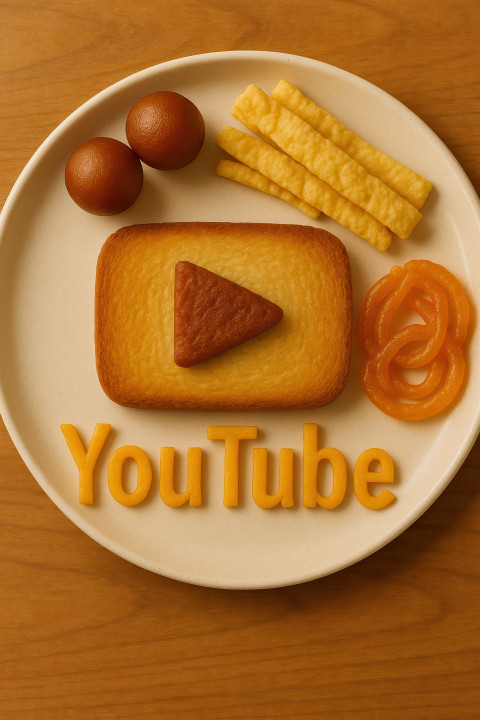 Realistic top-down view of YouTube logo in breakfast foods with gulab jamun Realistic top-down view of YouTube logo in breakfast foods with gulab jamun