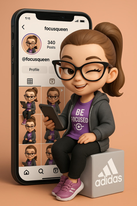 3D chibi style girl avatar with cat-eye glasses