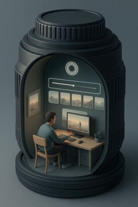 3D diorama camera lens opens to reveal VSCO editing space