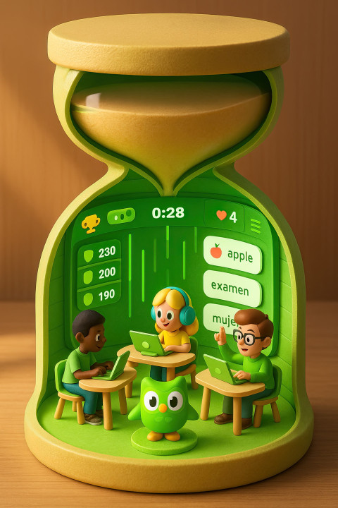 3D diorama hourglass split open to show learning hub inside