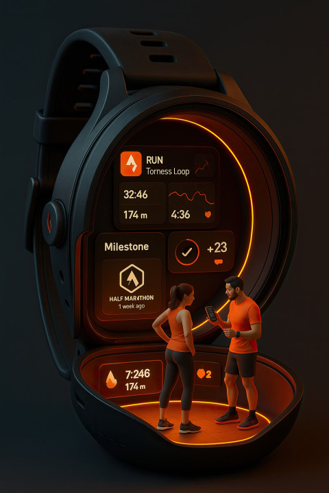 3D diorama smartwatch cut open with fitness hub inside