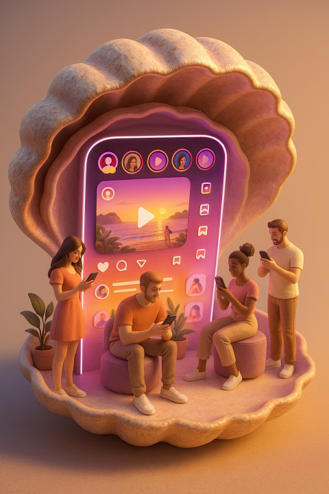 3D diorama clamshell with glowing Instagram hub inside