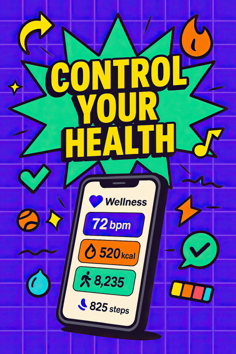 Bold flat grid background with smartphone wellness dashboard