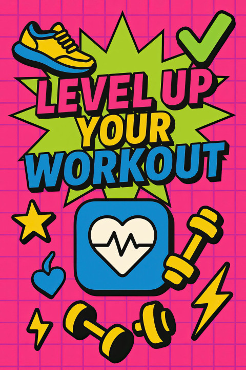 Bold flat grid poster with fitness app icon