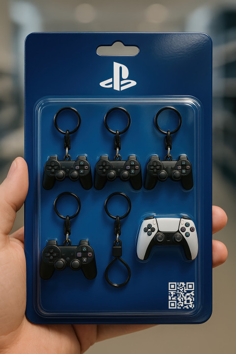 Photorealistic blister pack of PlayStation controller keychains. Realistic miniature tech product pack design via chatgpt with tiny product and gaming icons Photorealistic blister pack of PlayStation controller keychains. Realistic miniature tech product pack design via chatgpt with tiny product and gaming icons