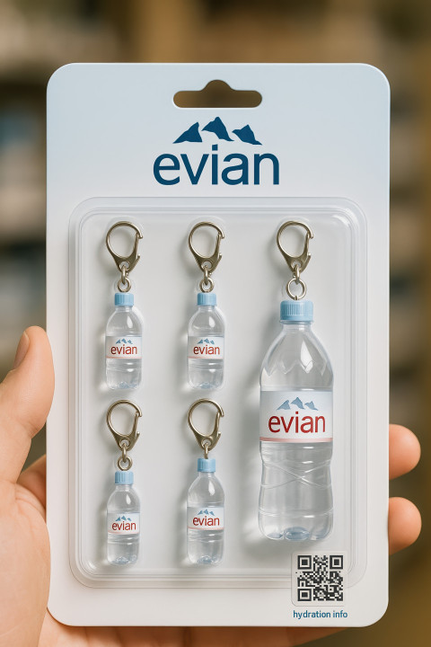 Evian blister pack with miniature bottle keychains. Clean water-style product packaging with pastel tones. Realistic tiny product design via chatgpt prompt Evian blister pack with miniature bottle keychains. Clean water-style product packaging with pastel tones. Realistic tiny product design via chatgpt prompt