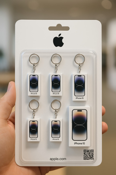 Miniature iPhone 15 box blister pack in hand. Realistic white Apple-style packaging with tiny product detail. Clean tech design prompt via chatgpt Miniature iPhone 15 box blister pack in hand. Realistic white Apple-style packaging with tiny product detail. Clean tech design prompt via chatgpt