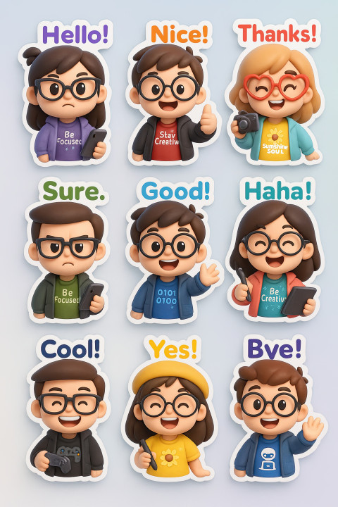 3D kawaii canvas of nine chibi stickers with speech bubbles 3D kawaii canvas of nine chibi stickers with speech bubbles