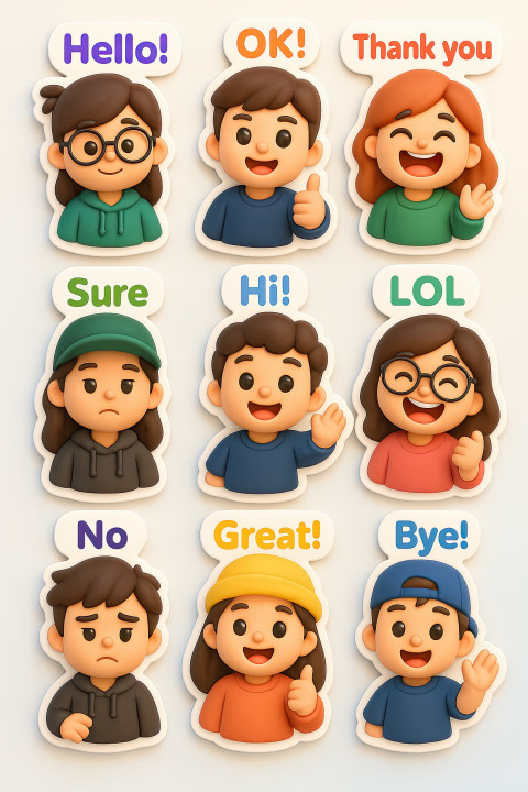 Cute chibi-style 3D sticker pack on pastel canvas Cute chibi-style 3D sticker pack on pastel canvas