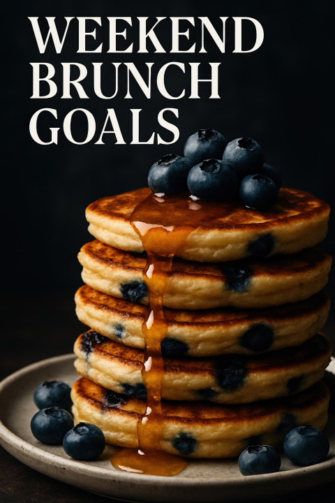 Stack of fluffy blueberry pancakes with syrup on dark moody backdrop Stack of fluffy blueberry pancakes with syrup on dark moody backdrop