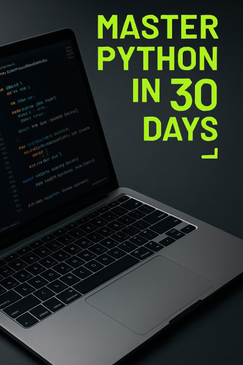 Laptop screen shows coding in clean flat-lay with “Master Python in 30 Days” neon green text. Viral pins Laptop screen shows coding in clean flat-lay with “Master Python in 30 Days” neon green text. Viral pins