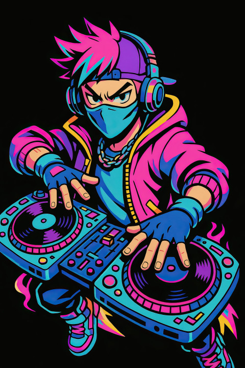 Futuristic rebel DJ with glowing turntable gauntlets in motion Futuristic rebel DJ with glowing turntable gauntlets in motion