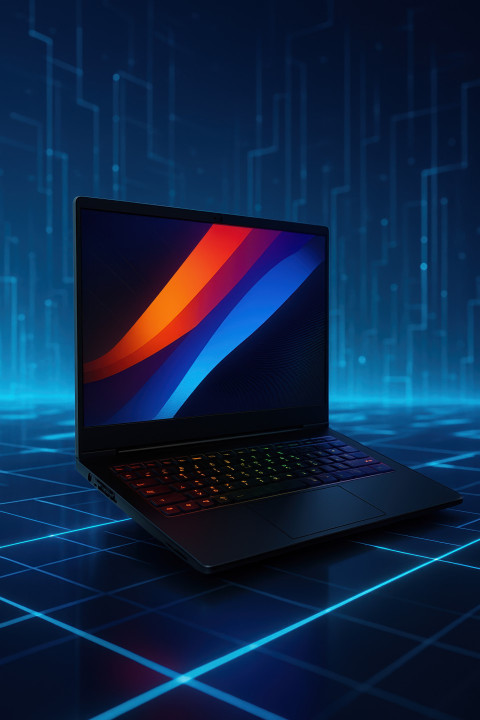 Futuristic gaming laptop with glowing colors and sharp lines set in digital tech background showing advanced performance and modern gaming lifestyle Futuristic gaming laptop with glowing colors and sharp lines set in digital tech background showing advanced performance and modern gaming lifestyle