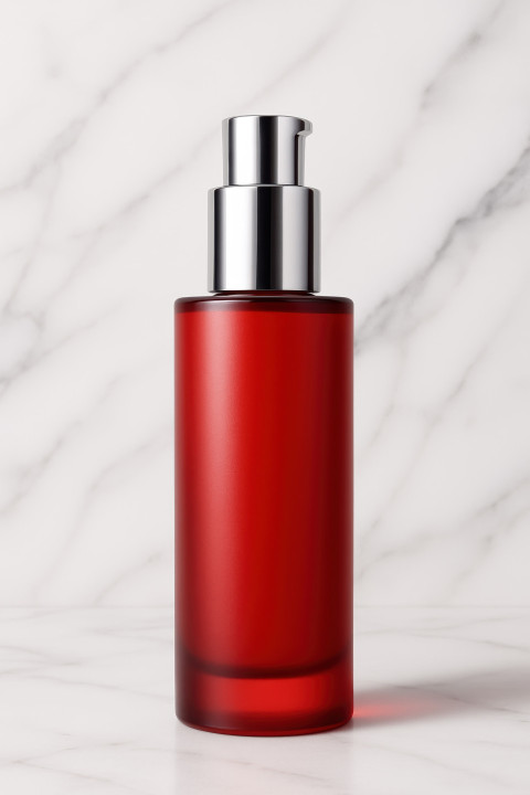 High-end skincare bottle on white marble with soft shadows