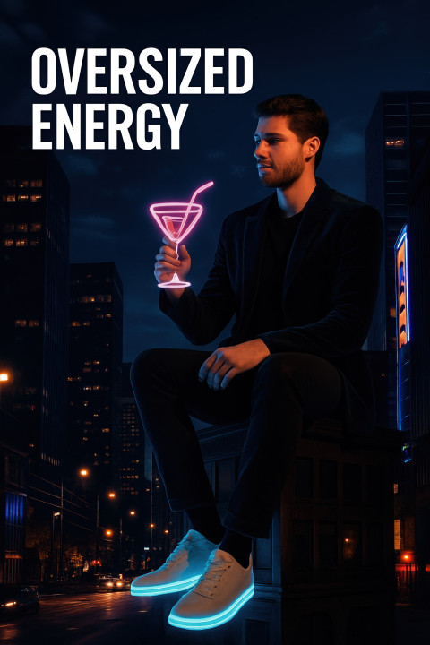Stylish oversized man in velvet jacket sits on glowing city billboard at night