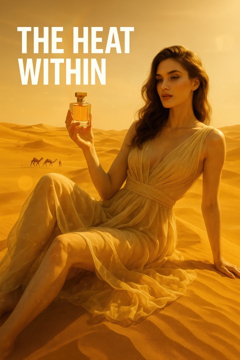 Glamorous oversized woman in flowing gown reclines on golden desert dune