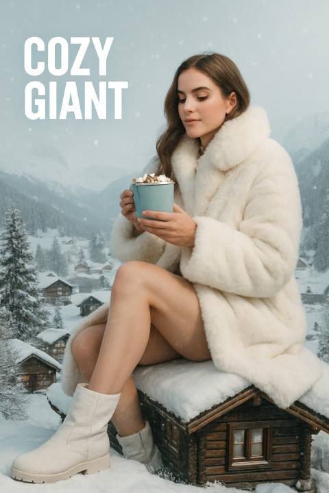Giant woman in fur coat rests on snowy cabin
