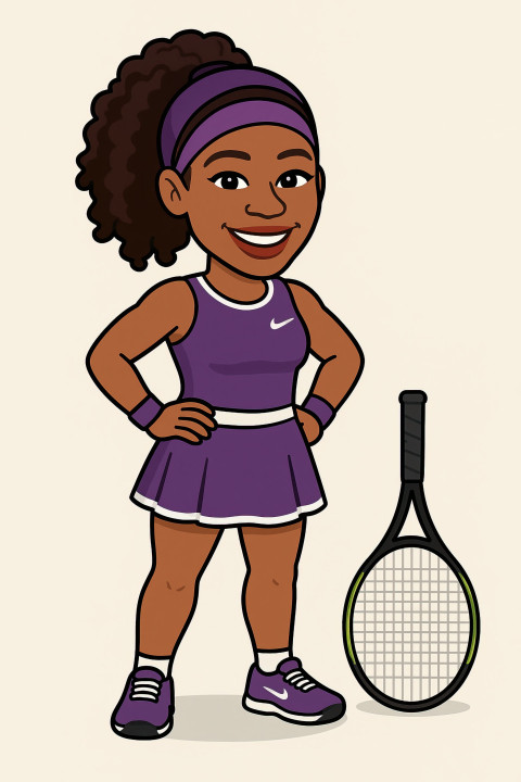 Cartoon illustration of young female tennis icon Serena Williams in purple Nike outfit Cartoon illustration of young female tennis icon Serena Williams in purple Nike outfit