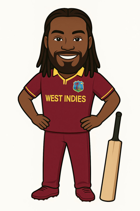 Cartoon bitmoji of Chris Gayle in West Indies maroon-yellow kit Cartoon bitmoji of Chris Gayle in West Indies maroon-yellow kit