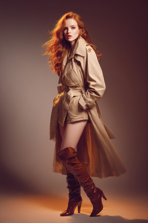 Red-haired European woman in oversized trench coat and leather boots stands tall in bold fashion pose. Luxury fashion prompt
