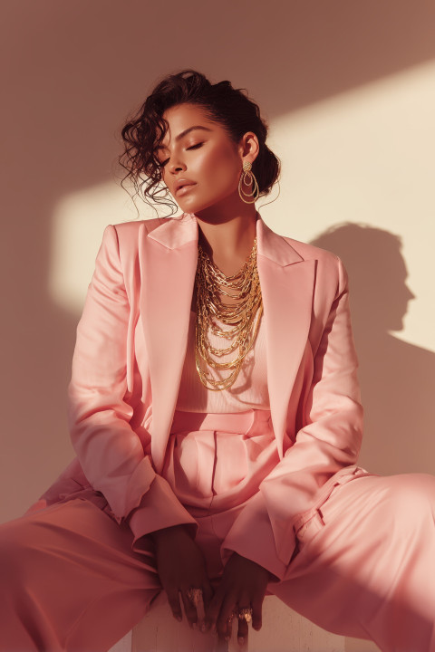 Curvy Latina woman in pastel pantsuit and gold layered necklaces shows power and grace in fashion stance. Luxury fashion prompt