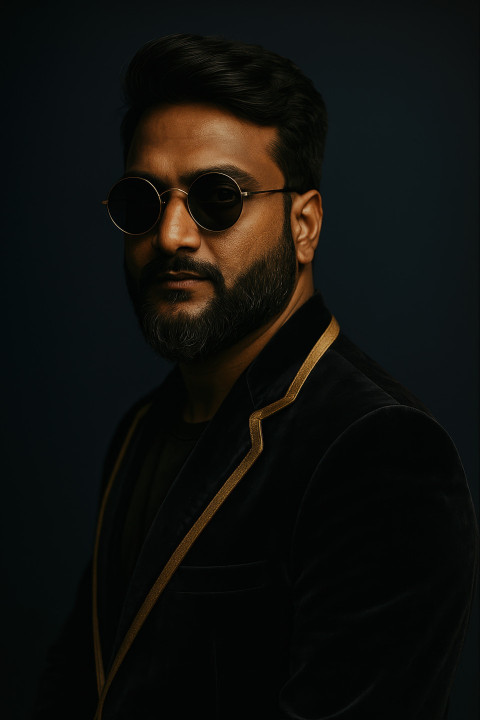 Fair-skinned person in dark velvet blazer with gold trim and vintage round sunglasses stands confidently on navy gradient. Cinematic portrait