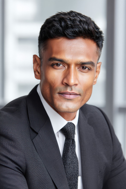Executive Indian man in formal wear seated upright with friendly face in office interior