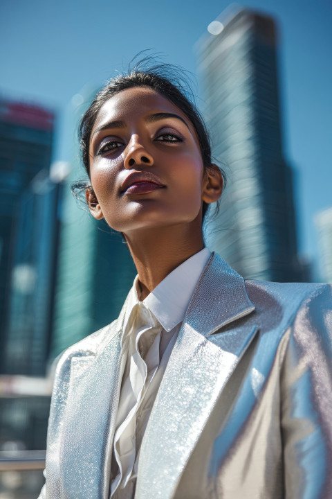 Assertive model in metallic silver suit posing on rooftop at midday with sharp light and city backdrop Assertive model in metallic silver suit posing on rooftop at midday with sharp light and city backdrop