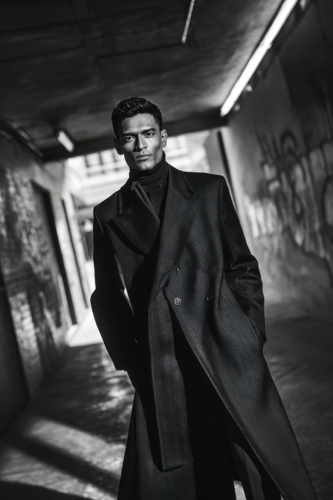 Confident man in coat and scarf walks briskly past graffiti wall under neon sign shadows Confident man in coat and scarf walks briskly past graffiti wall under neon sign shadows