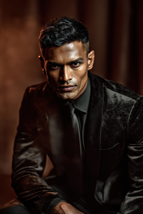 Mysterious Indian man in velvet suit sits under spotlight in smoky jazz lounge with velvet curtains Mysterious Indian man in velvet suit sits under spotlight in smoky jazz lounge with velvet curtains