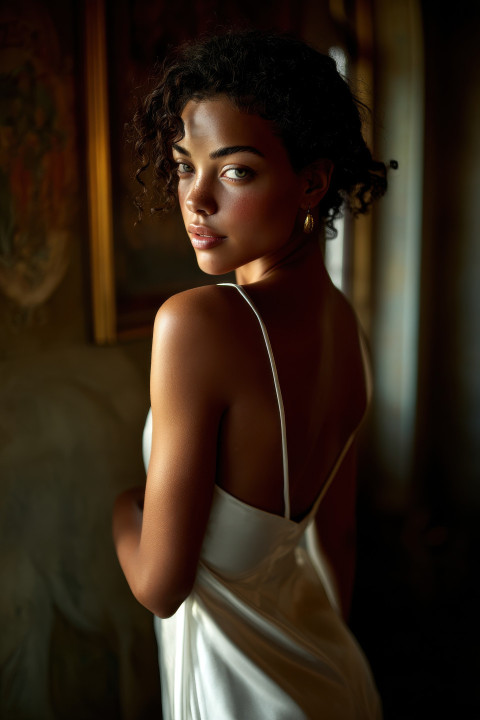 Woman in white silk gown gazes inward in antique room Woman in white silk gown gazes inward in antique room