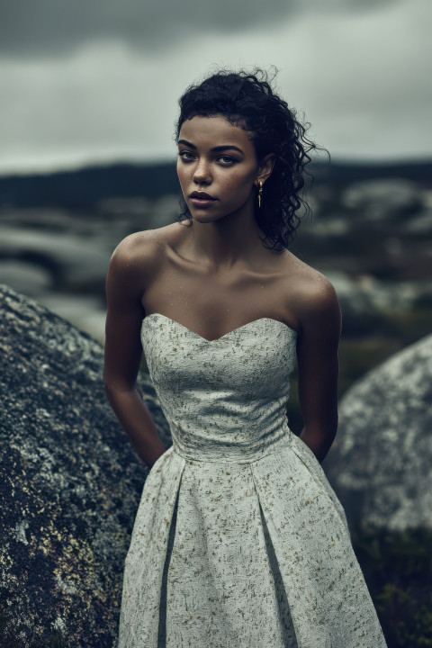 Graceful woman in textured dress stands in rocky landscape with deep shadows Graceful woman in textured dress stands in rocky landscape with deep shadows