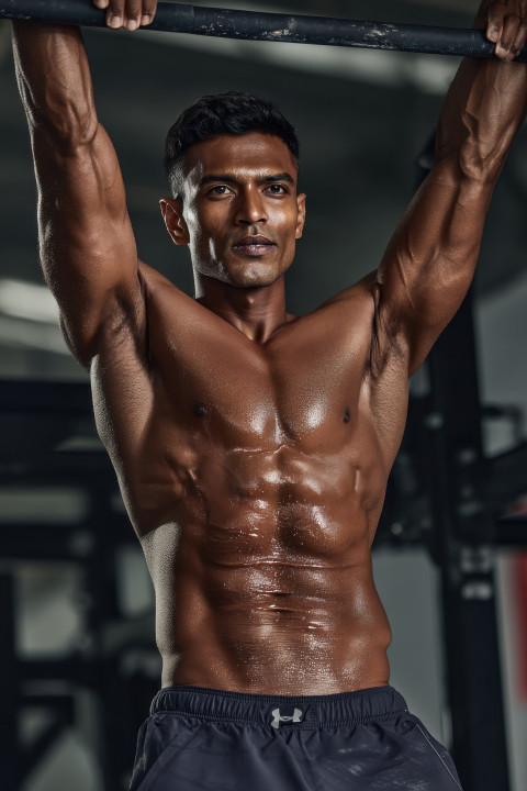 Man takes deep breath mid pull-up in gym Man takes deep breath mid pull-up in gym