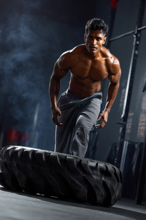 Focused man lifts heavy tire in gritty gym light Focused man lifts heavy tire in gritty gym light