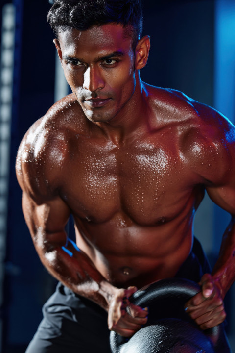 Muscular man mid kettlebell swing in dramatic gym light Muscular man mid kettlebell swing in dramatic gym light