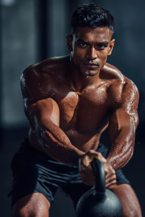 Focused man swinging kettlebell mid-workout in gym Focused man swinging kettlebell mid-workout in gym