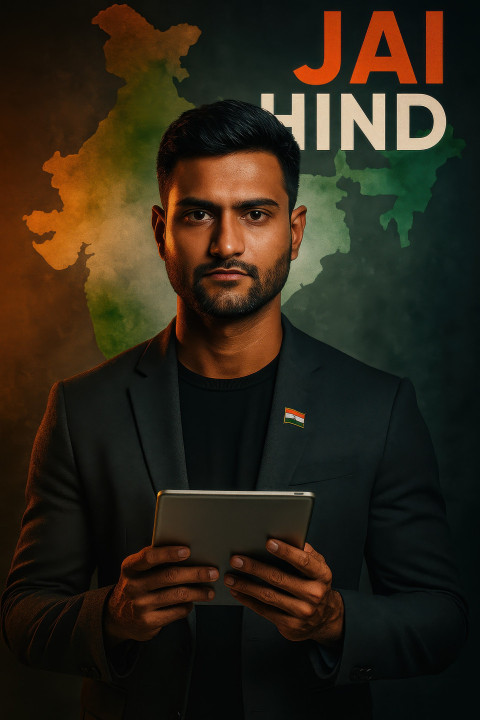 Young innovator with tablet and tricolor lapel pin in tech blazer stands proud before digital India map. Independence Day prompt Young innovator with tablet and tricolor lapel pin in tech blazer stands proud before digital India map. Independence Day prompt