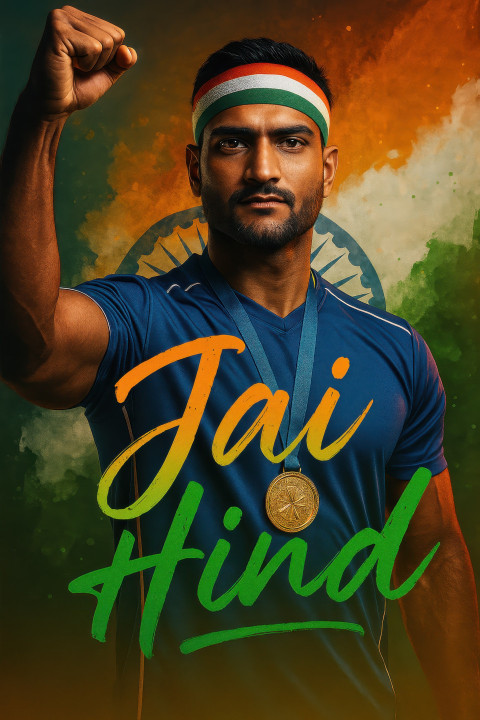 Athlete in jersey with tricolor headband and medal celebrating in front of digital flag backdrop Athlete in jersey with tricolor headband and medal celebrating in front of digital flag backdrop