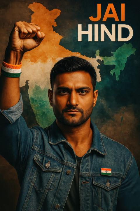 Young activist in denim with tricolor pin raising fist proudly in front of India-themed watercolor Young activist in denim with tricolor pin raising fist proudly in front of India-themed watercolor