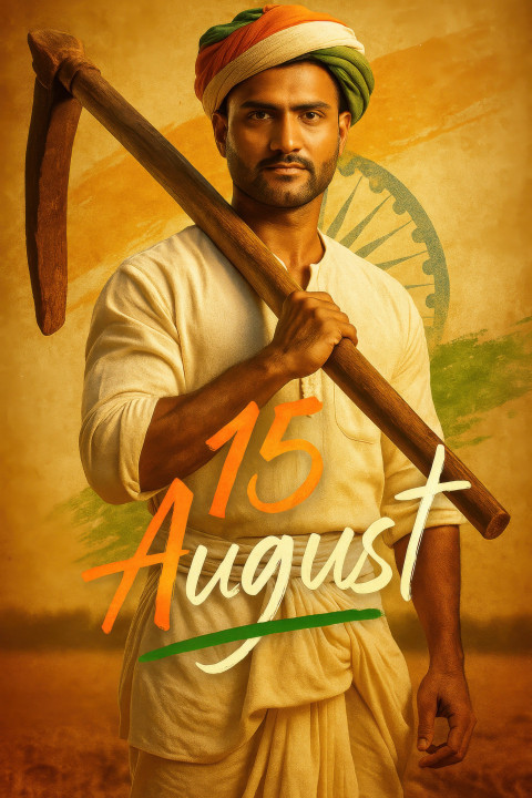 Village hero in white kurta and tricolor turban holding plough Village hero in white kurta and tricolor turban holding plough