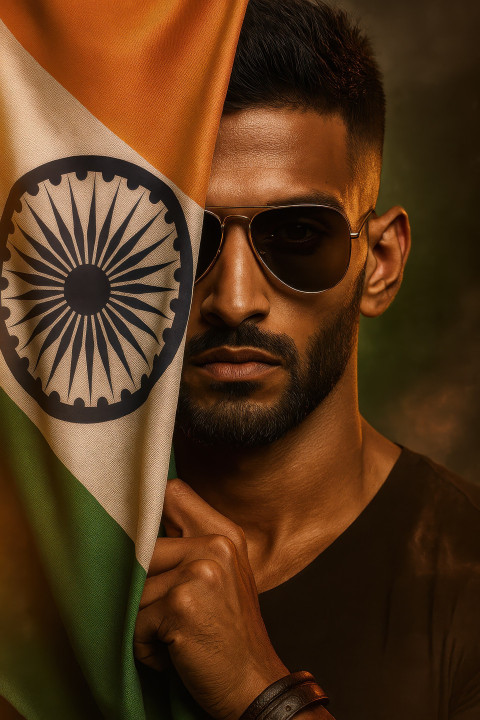 Young Indian man with flag covering half his face Young Indian man with flag covering half his face