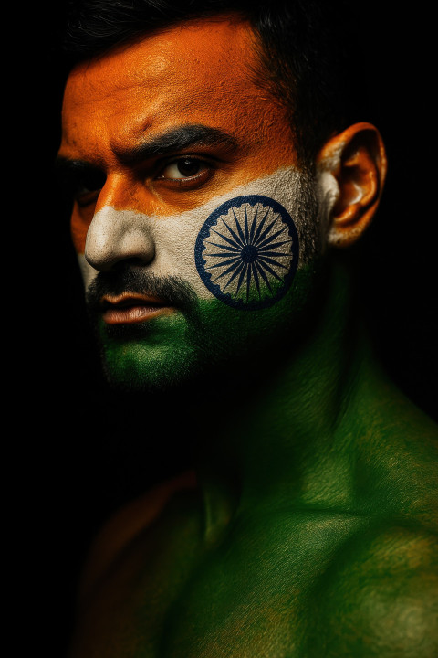 Indian man painted in bright saffron Indian man painted in bright saffron
