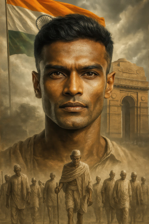 Indian man with calm strength stands before India Gate Indian man with calm strength stands before India Gate