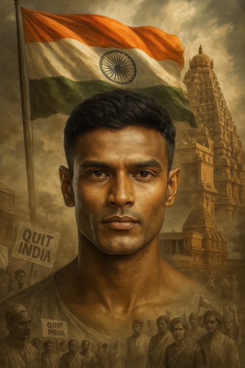 Indian man with strong gaze stands before temple Indian man with strong gaze stands before temple