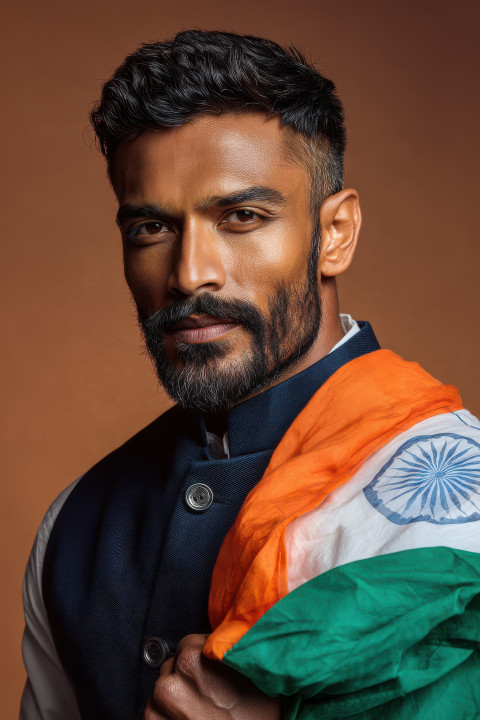 Indian man in Nehru jacket holds folded flag on arm Indian man in Nehru jacket holds folded flag on arm